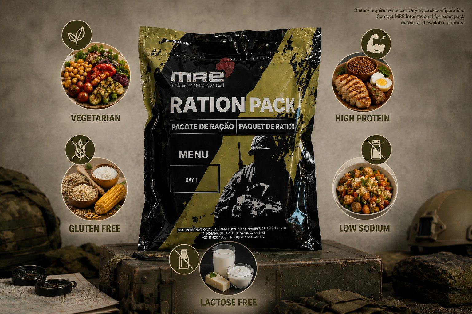 MRE ration pack showing vegetarian, gluten-free, high-protein and low-sodium options