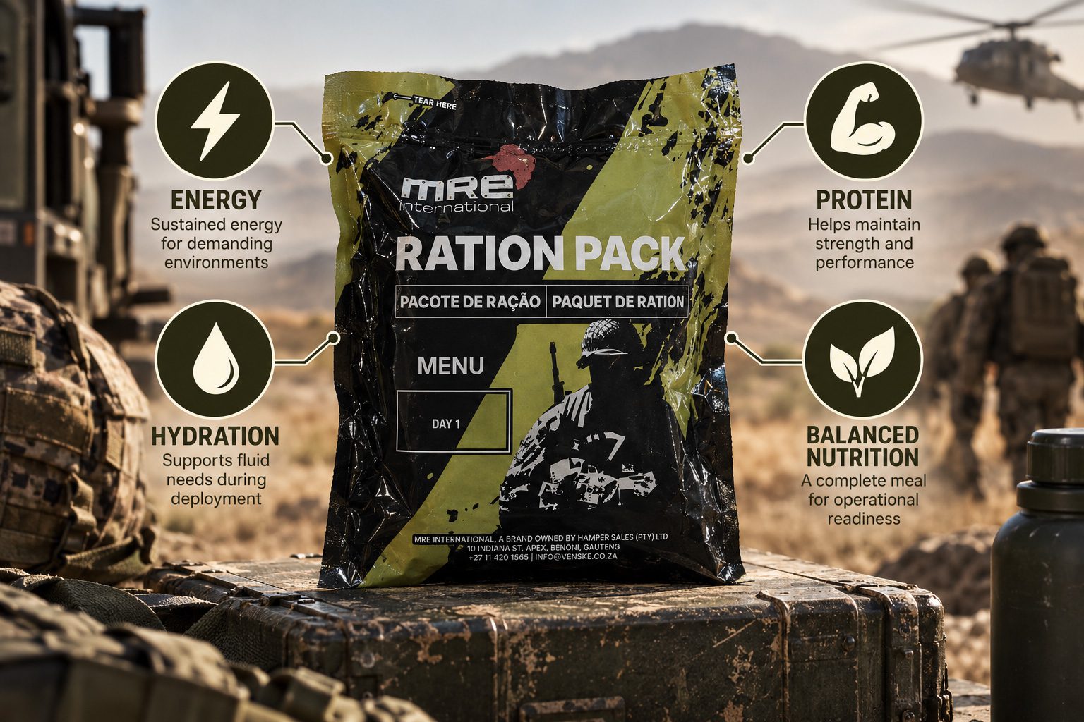 MRE ration pack with energy, protein, hydration and balanced nutrition icons.