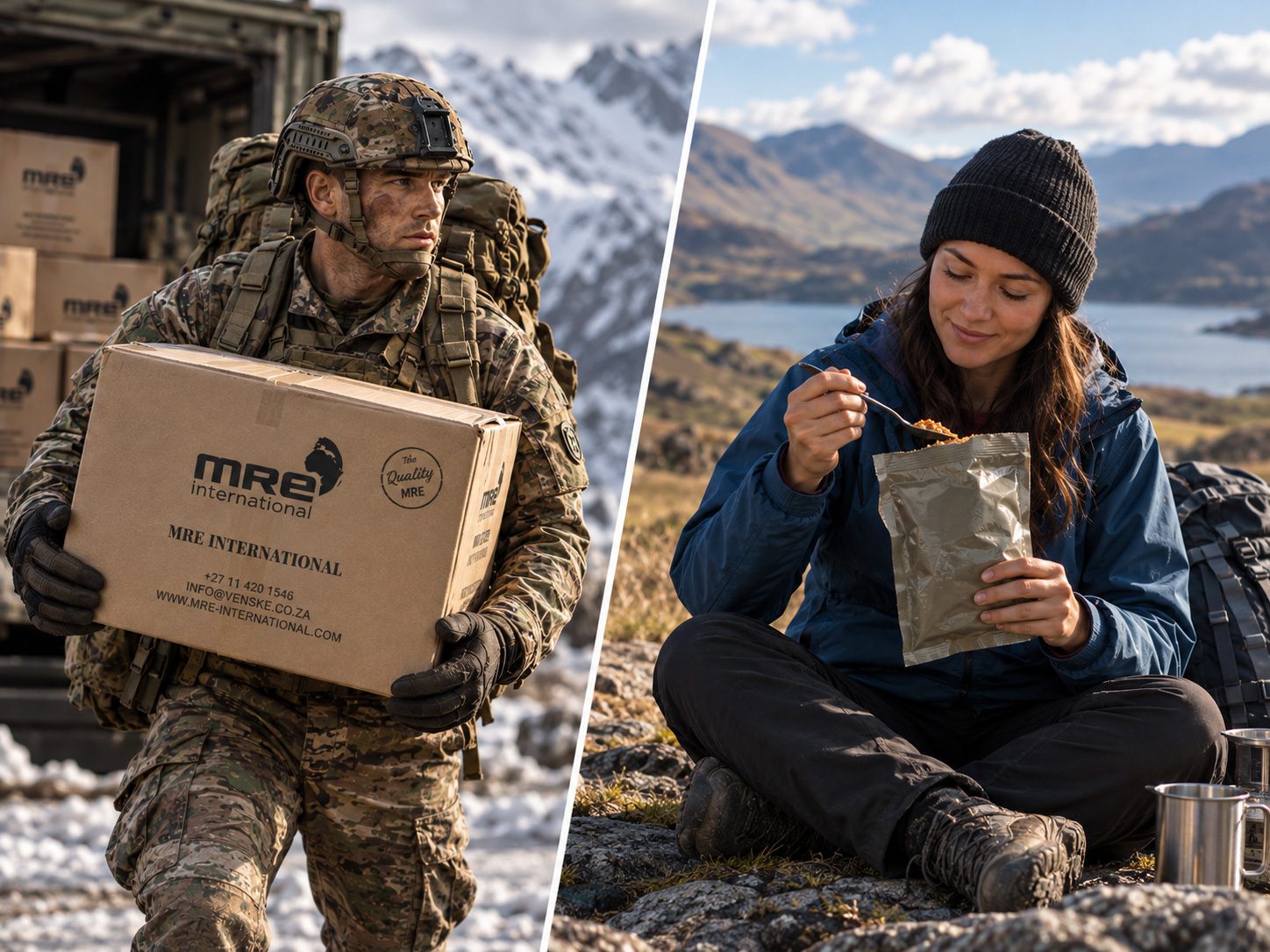 Soldier carrying MRE supplies beside a hiker eating a field ration outdoors.